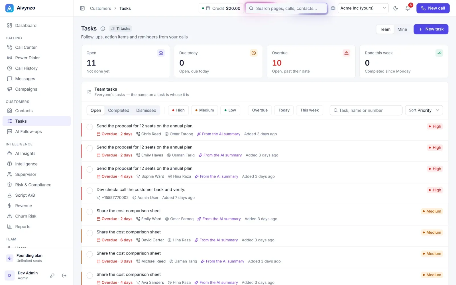Tasks: the action items from each call, with priority, due date and owner — light theme