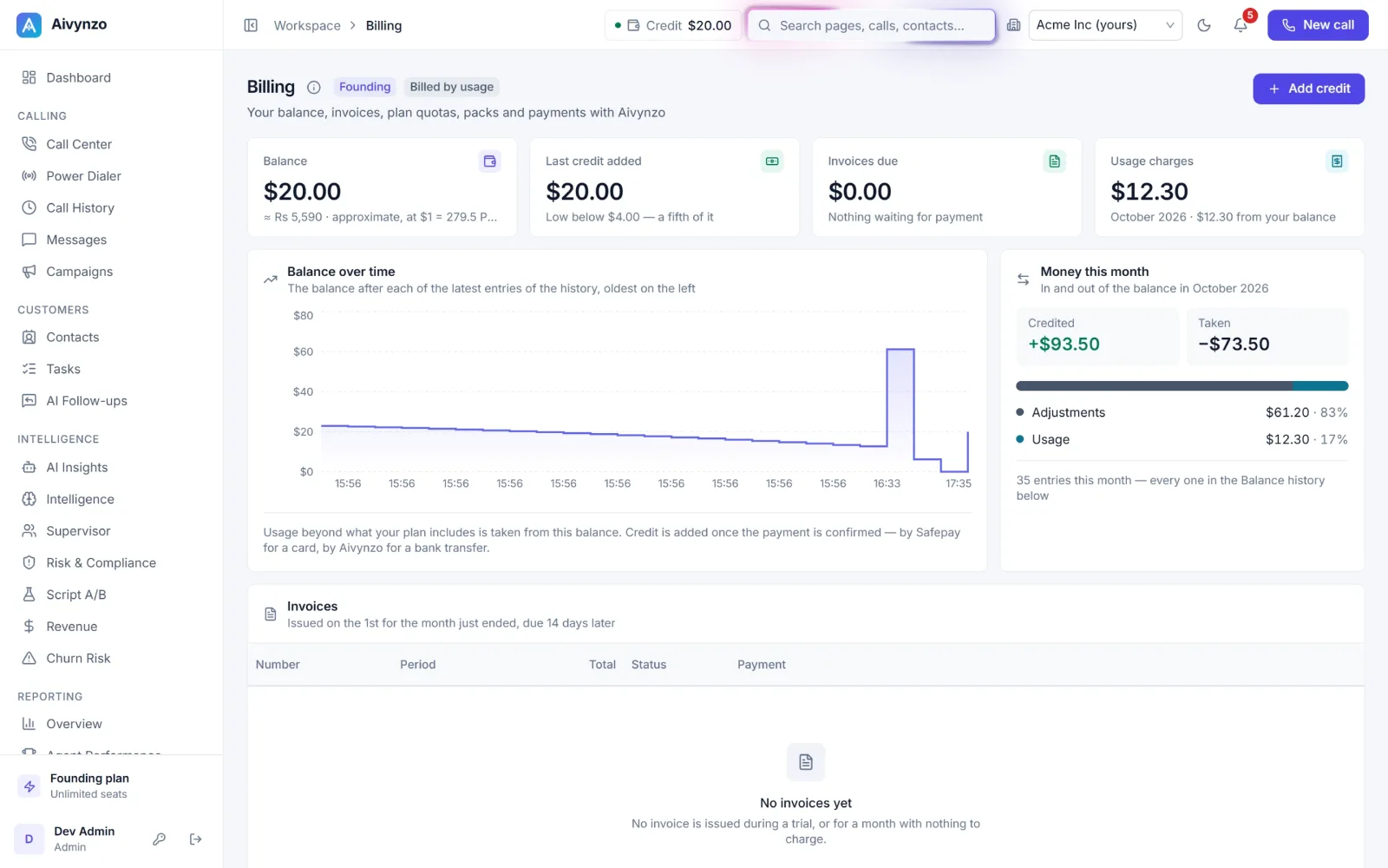 Billing: the balance, this month’s usage, invoices and payments — light theme