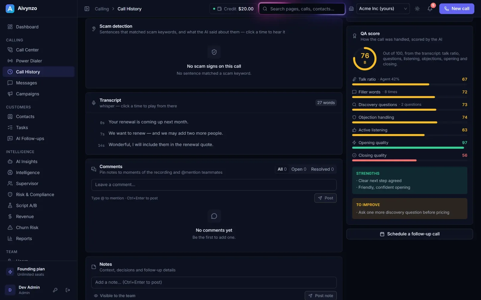 A call after it ended: its AI quality score by skill, strengths, improvements and the transcript
