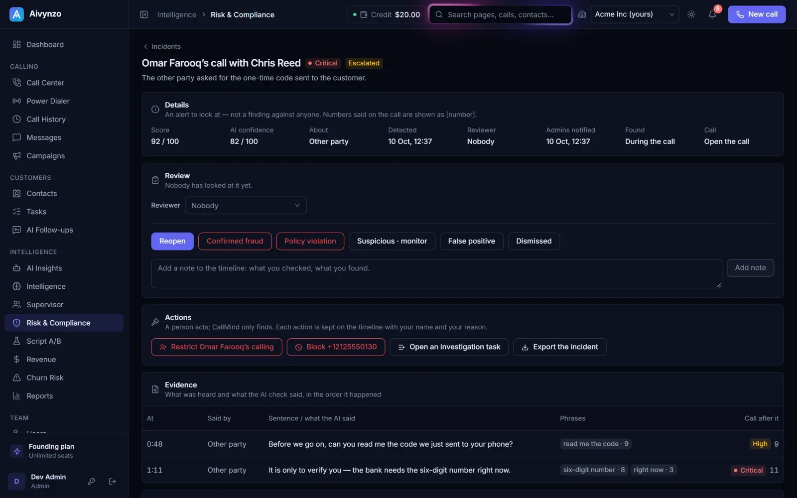 A risk incident under review: its score, the AI confidence and the actions a reviewer can take