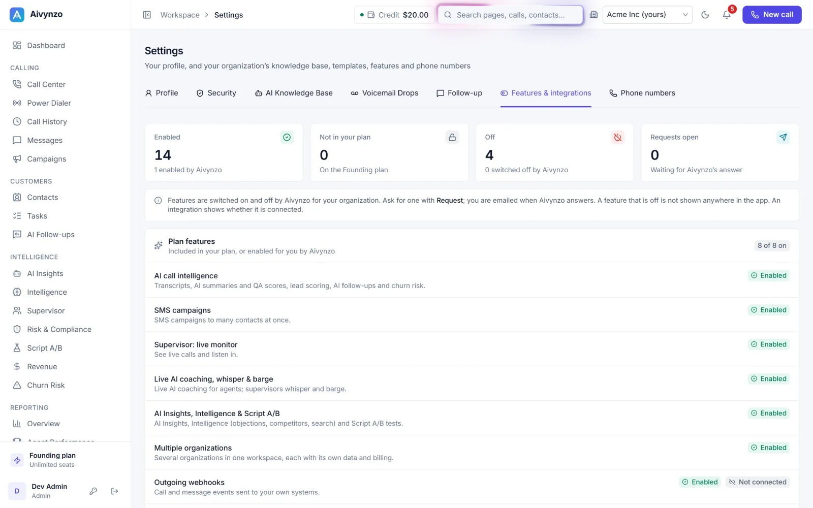 Settings → Features & integrations: every feature and connection, with its state — light theme