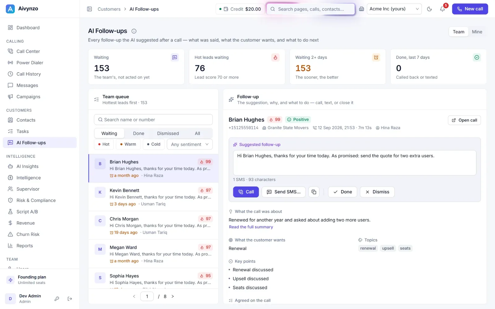 AI Follow-ups: the follow-up the AI suggested after each call, hottest leads first — light theme