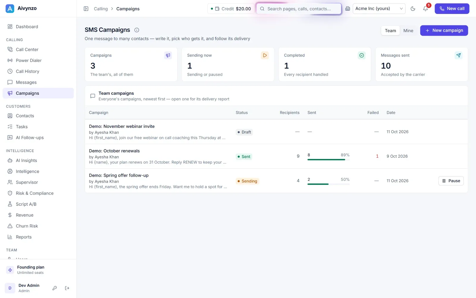 SMS Campaigns in the light theme: each campaign and its delivery