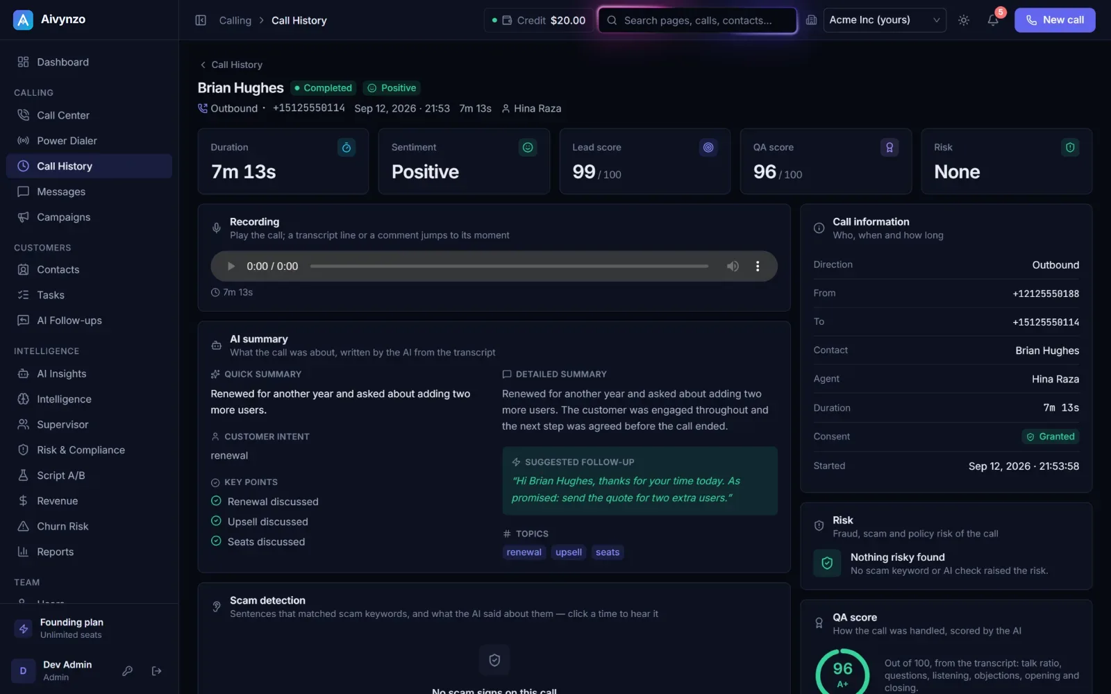 A call: its AI summary, sentiment, lead score, suggested follow-up and recording