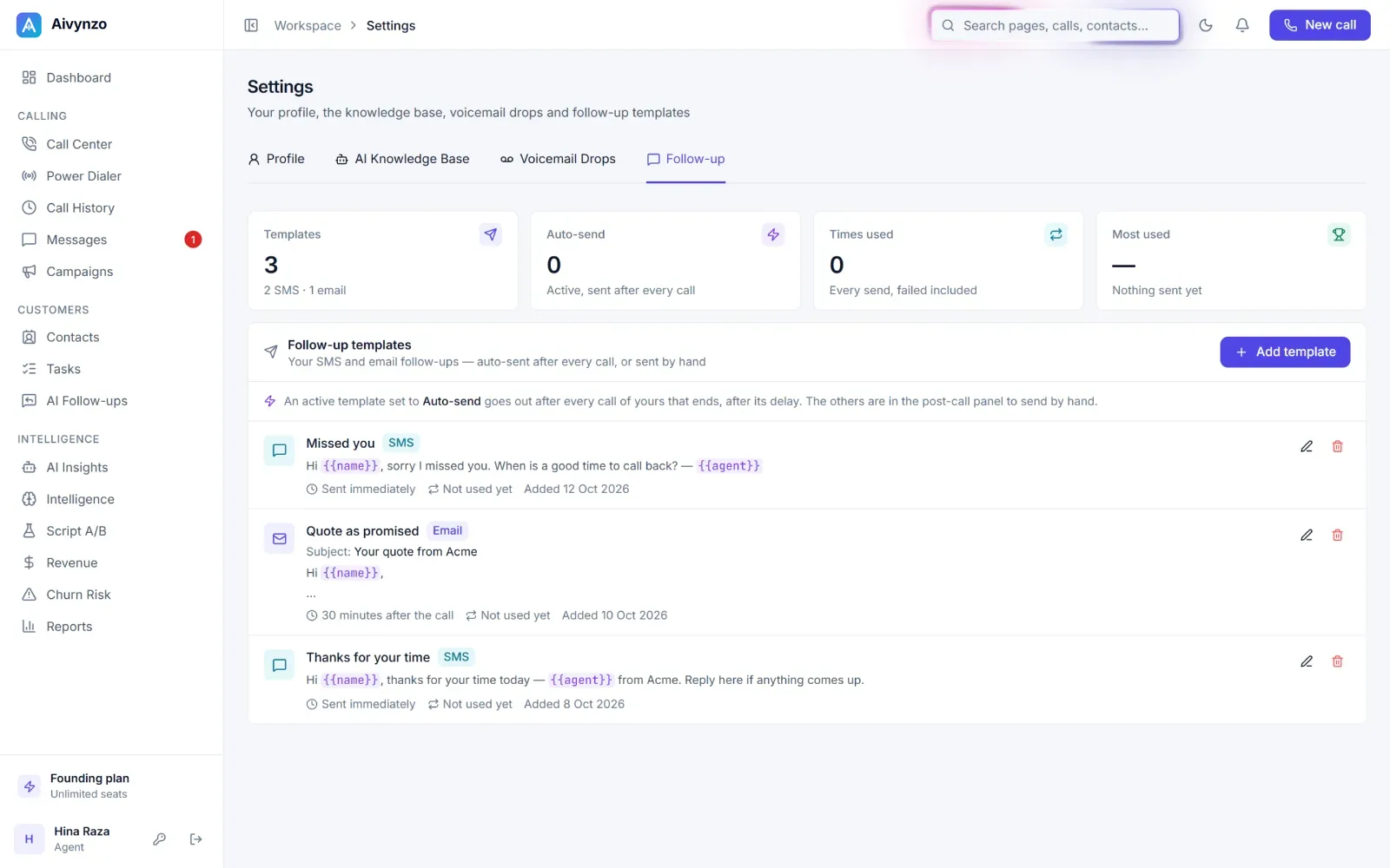 Follow-up templates by SMS and e-mail, with the contact and agent filled in — light theme
