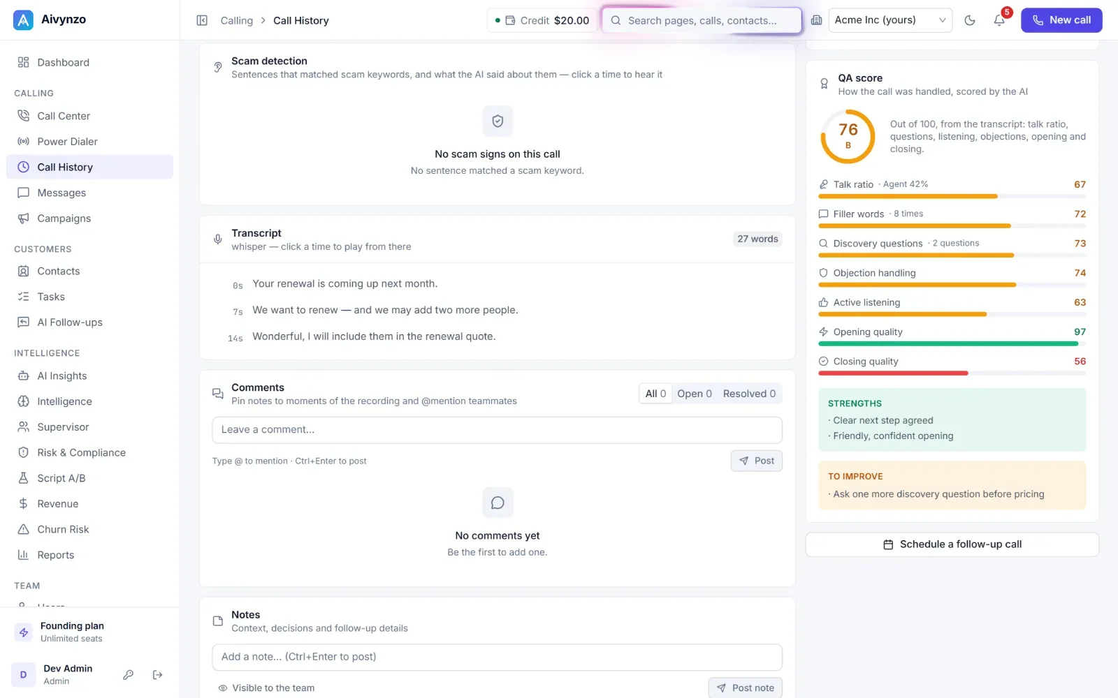 A call after it ended, in the light theme: its AI quality score by skill and the transcript