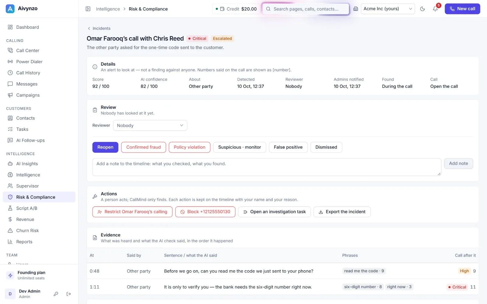 A risk incident under review, in the light theme: its score, the AI confidence and the actions a reviewer can take