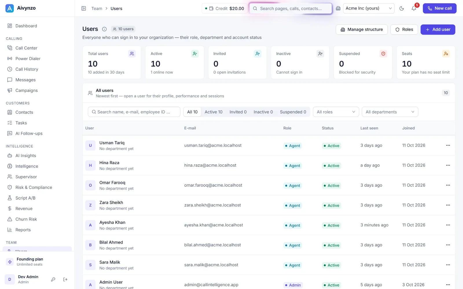 The team: each agent’s role, status and when they were last on — light theme