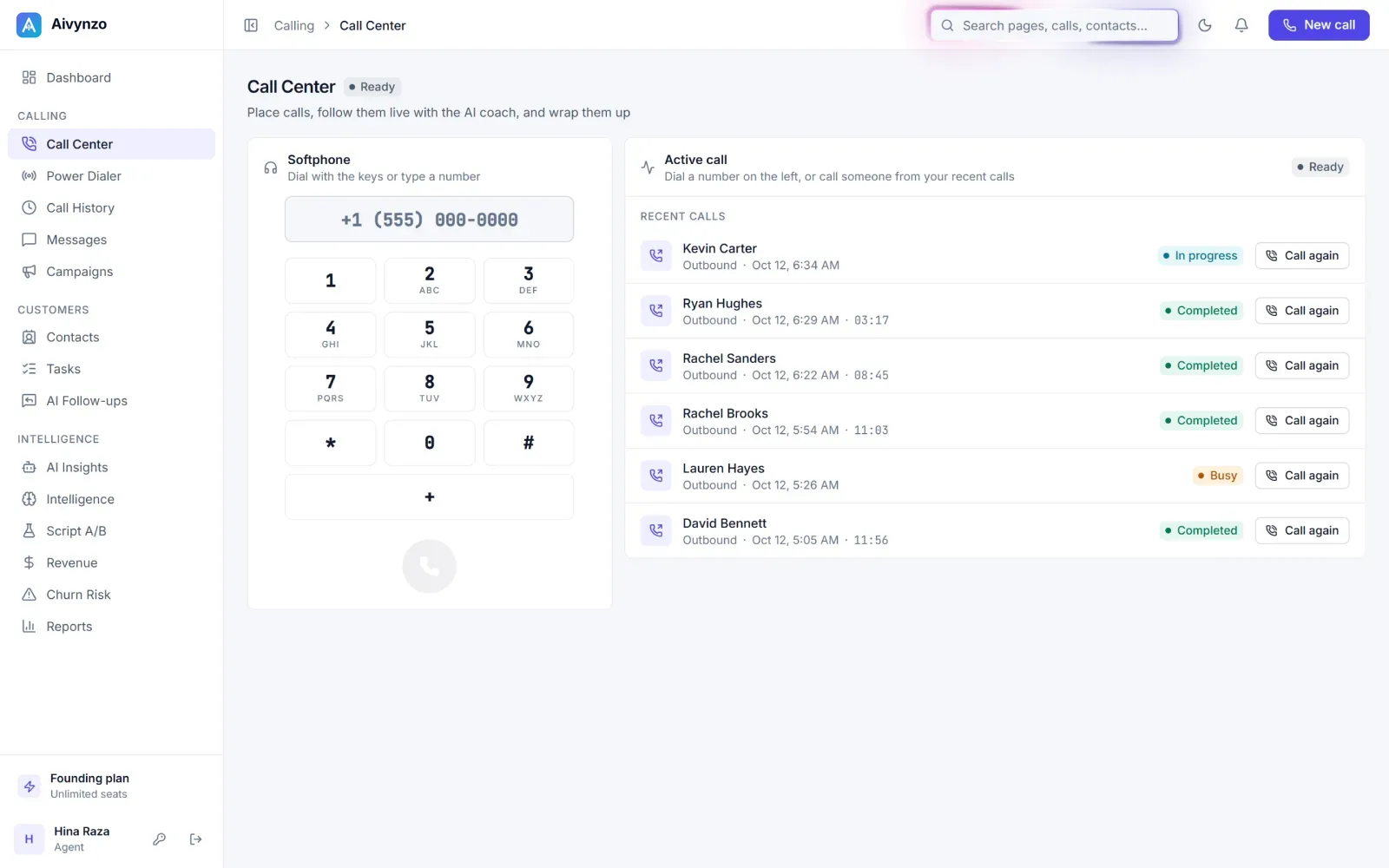 The Call Center in the light theme: a softphone in the browser with the keypad and the recent calls