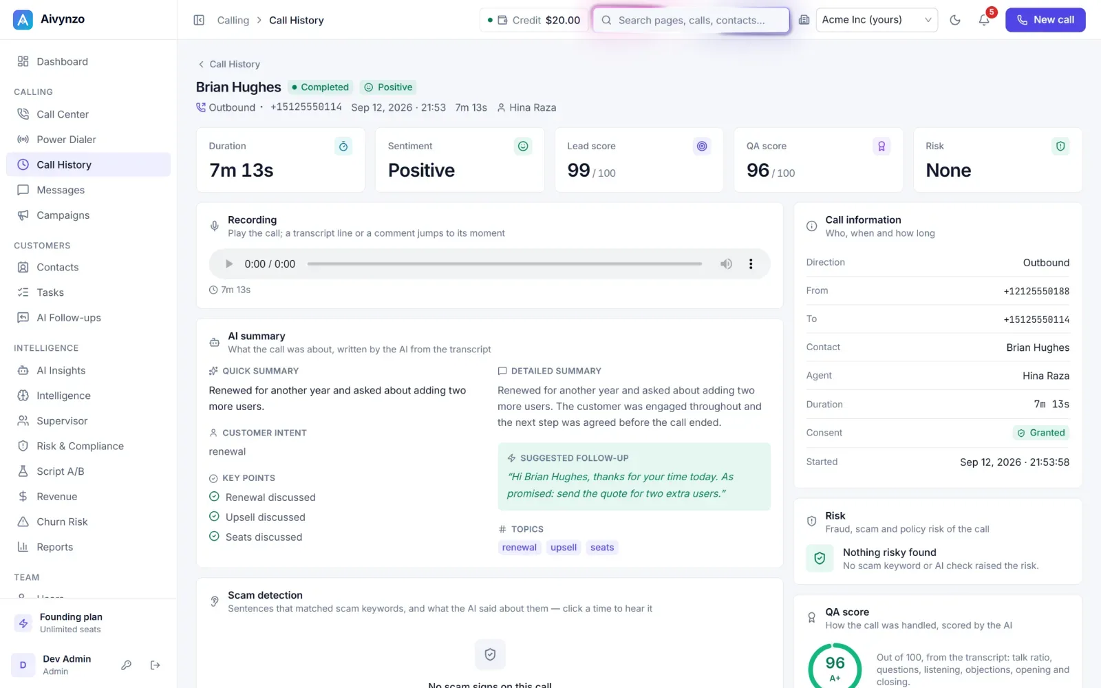 A call: its AI summary, sentiment, lead score, suggested follow-up and recording — light theme
