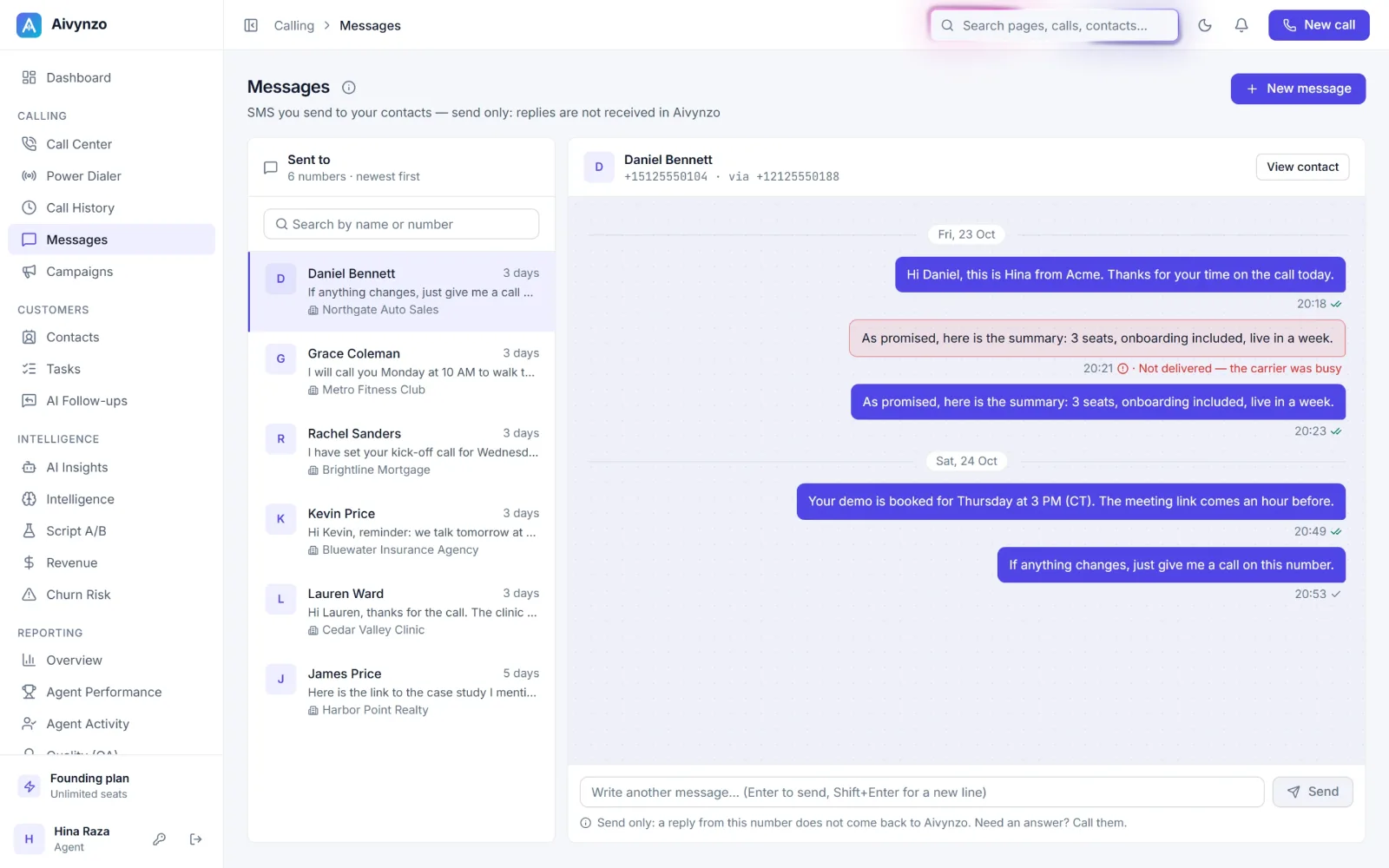Messages in the light theme: the numbers texted and what was sent