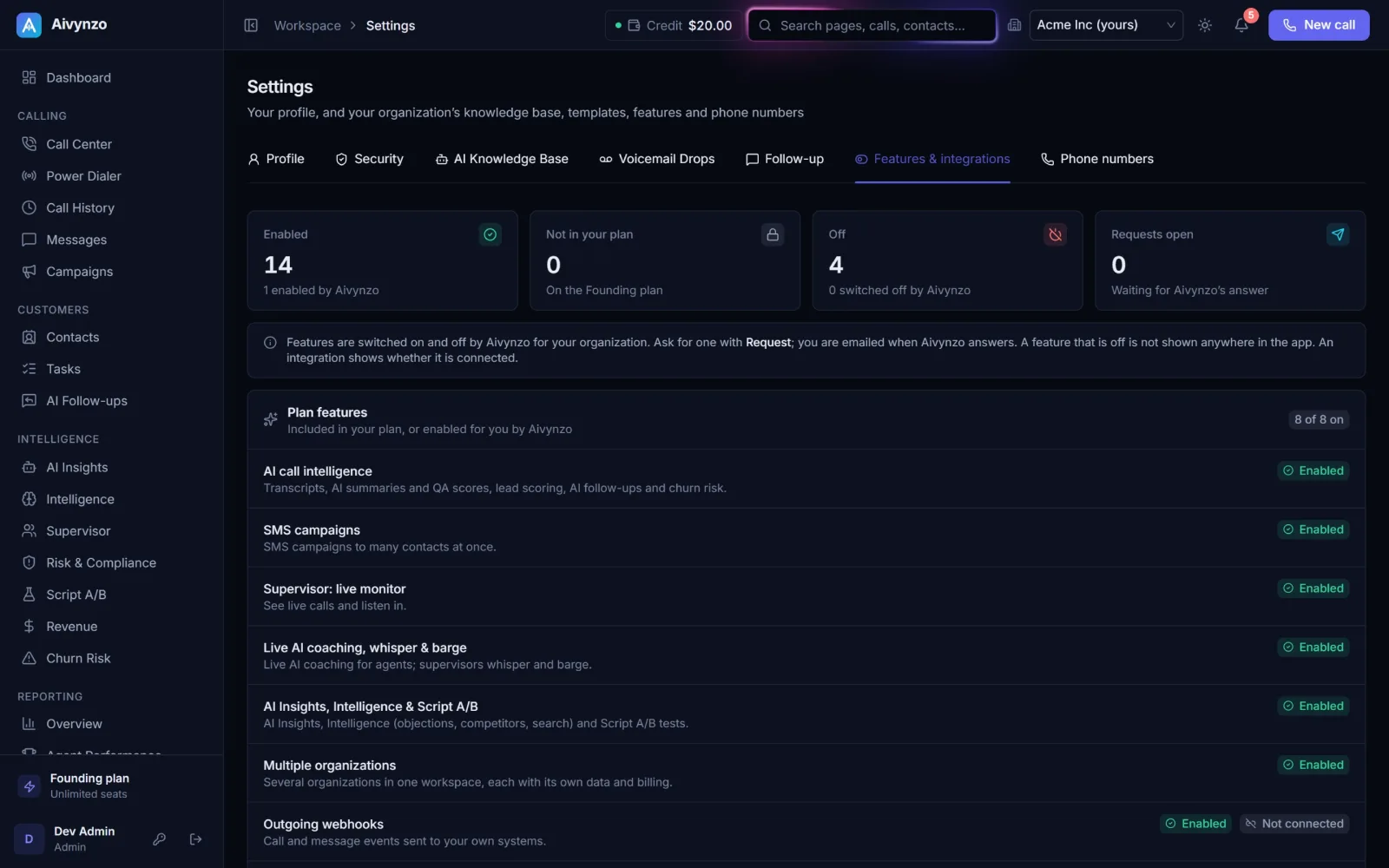 Settings → Features & integrations: every feature and connection, with its state