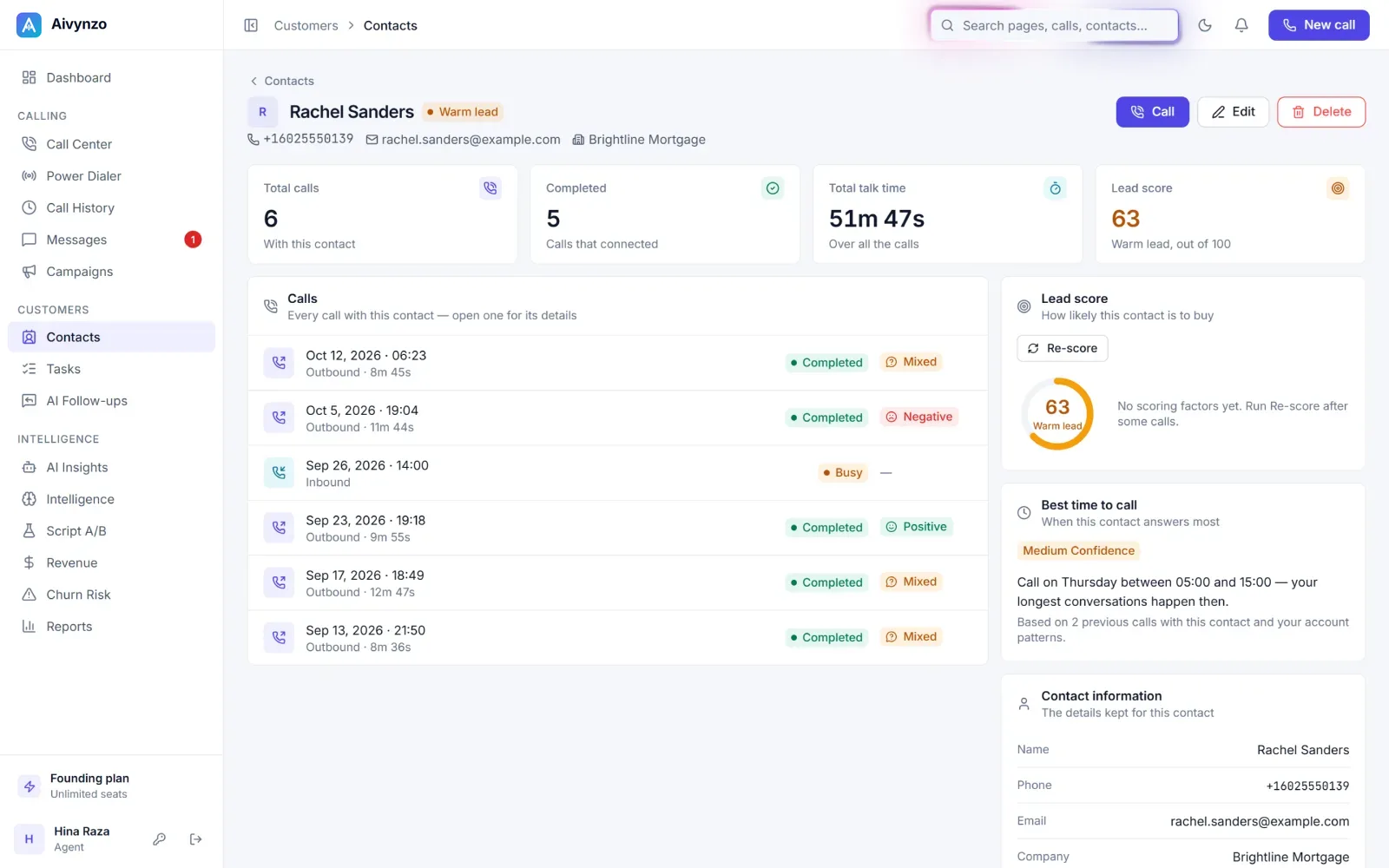 A contact: every call with them, the lead score and the best time to call — light theme